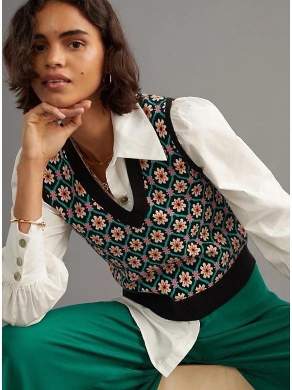 Philosophy Anthropology Floral Knit V-Neck Sweater Vest in Black and Green